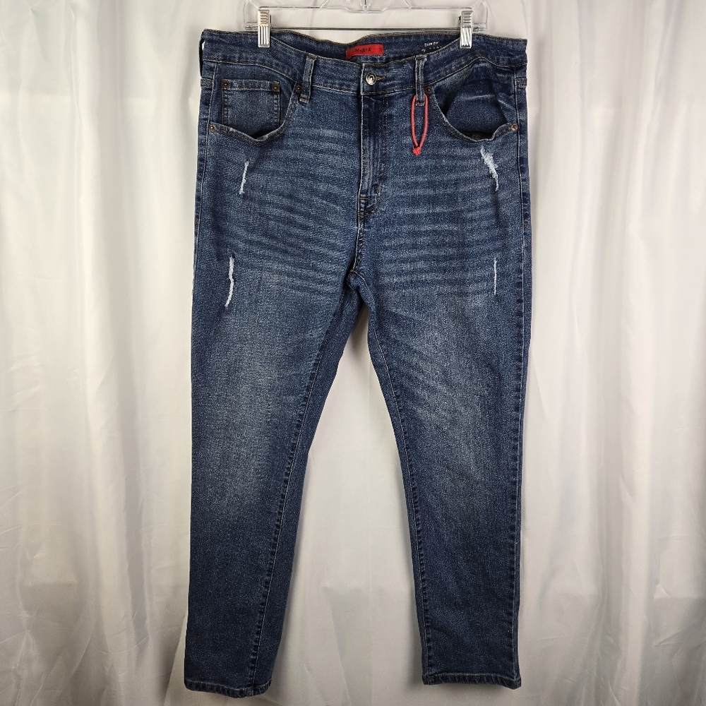MBX Slim Fit Distressed Blue Denim Jeans Mens Size 38x30